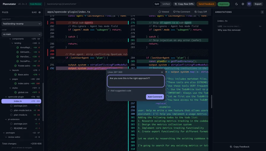 Check code review with diff annotations